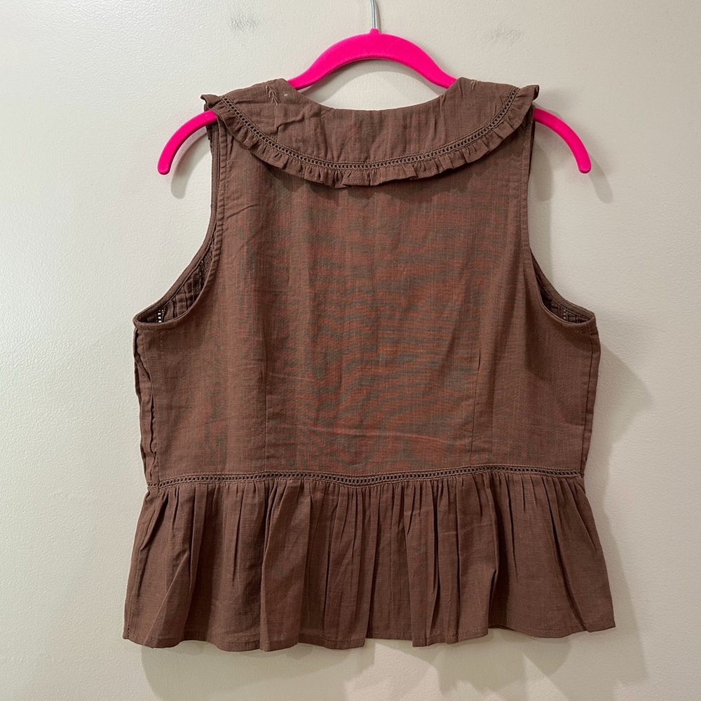 Jennifer & Grace Brown Embroidered Blouse Top Peter Pan Collar Pintuck Womens XS - Picture 2 of 5